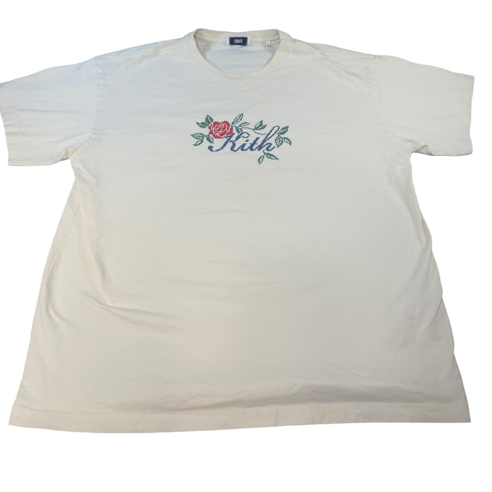 Kith Mens Rose Cross Stitch Graphic T-Shirt Off-White Large Streetwear FLAW